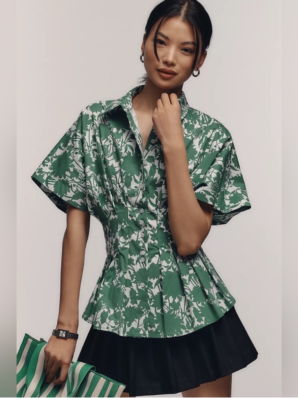 Anthropologie Exquise The Tobie Women's Green Floral Button-Front Peplum Top